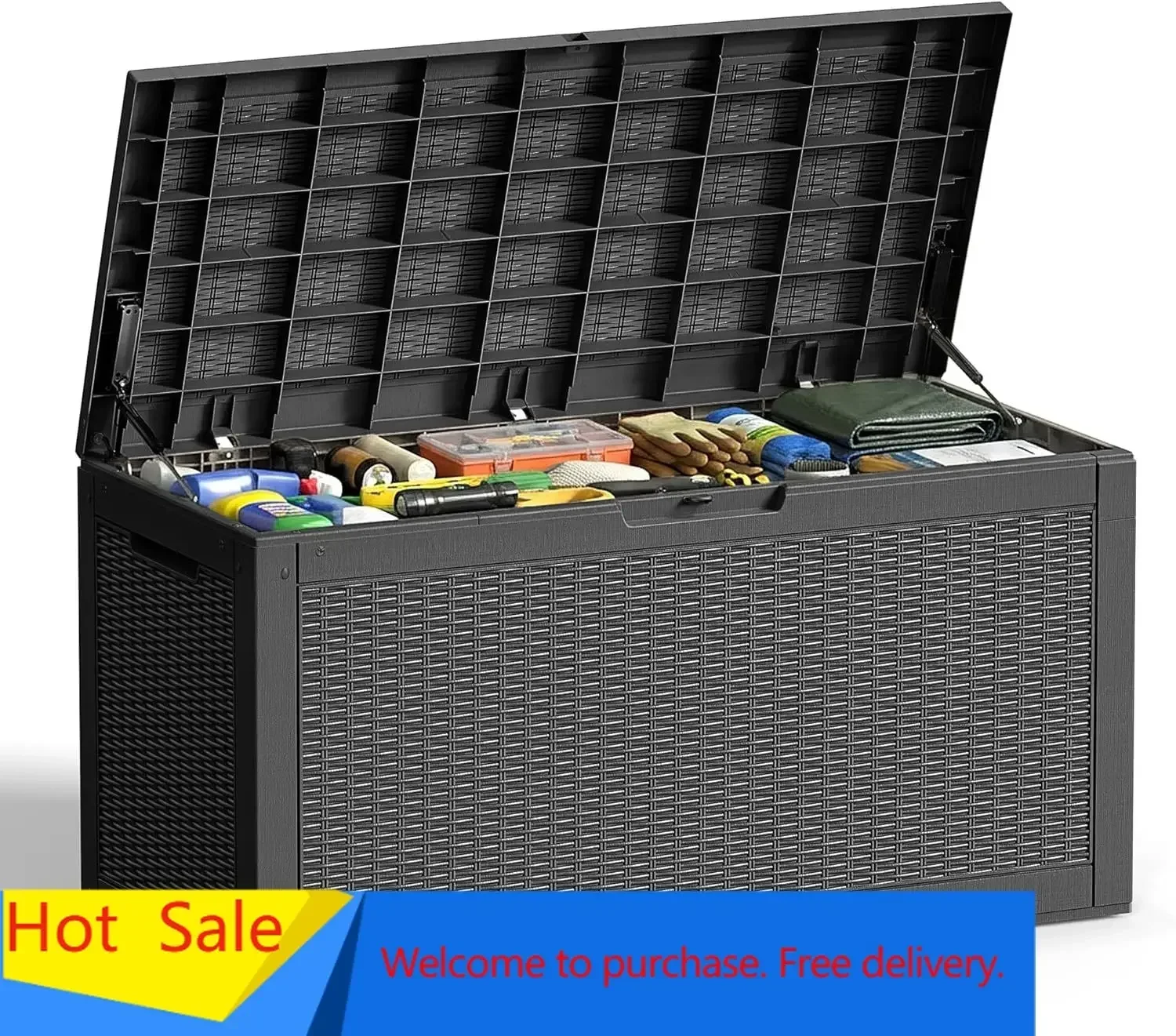 Outdoor Storage Box 100 Gallon Deck Box Resin Outdoor Toy Storage With Lockable Lid, Hydraulic Struts, Rattan Style Package Deli