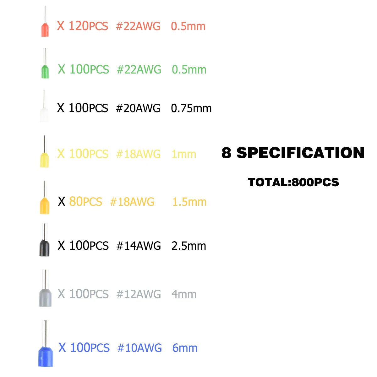 EV Kupferrohr-Isolierverbinder-Set - 22-7AWG Sortier-Ringkabelschuh-Verbinder 200/800/1200 Stück E 0508 7508 1508 4009 6012 für E – Detail 2