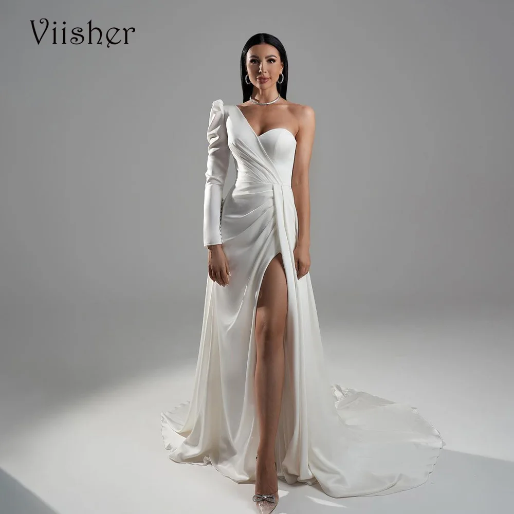 

Viisher One Shoulder Mermaid Wedding Dresses Pleats Satin Sexy Leg Split Boho Bridal Gowns with Skirt Formal Wedding Party Dress