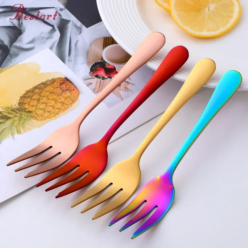 

8Pcs Cake Forks Stainless Steel Dessert Fork Colorful Tea Forks Rainbow Small Fork for Fruit Snack Dinnerware Party Utensils