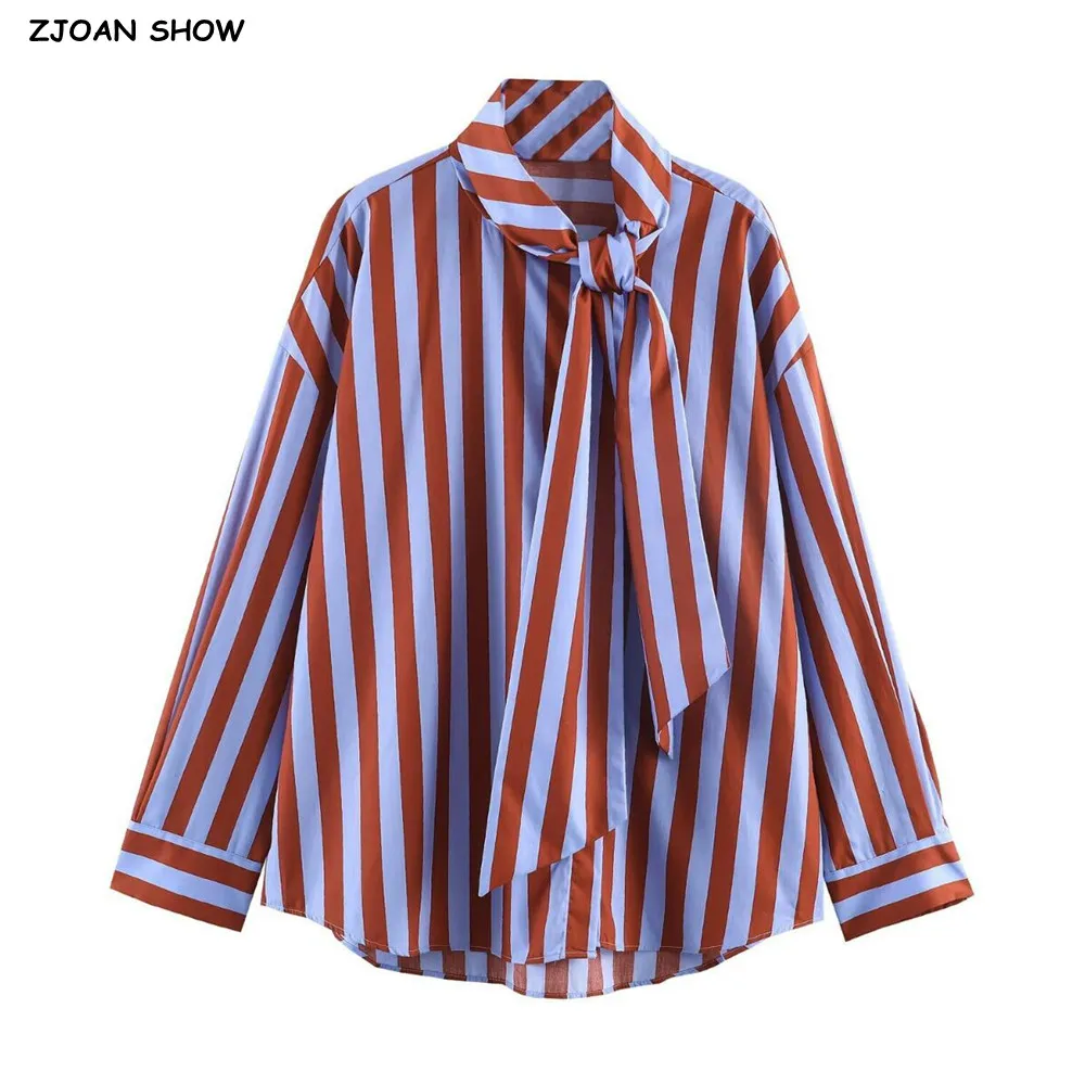 Spring Summer Fashion Purple Brown Vertical Stripes Tie Bow Lapel Collar Long Sleeve Shirt Women Loose Asymmetry Blouses Tops