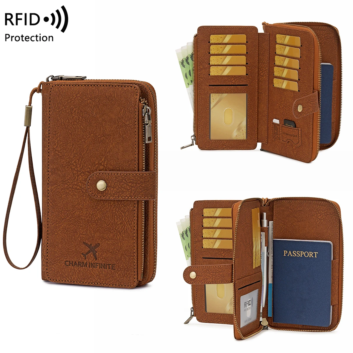 

Кошелек для паспорта с защитой от RFID, вместительный органайзер для дорожных документов с ремешком на запястье, для паспорта, удостоверений личности, кредитных карт и наличных денег