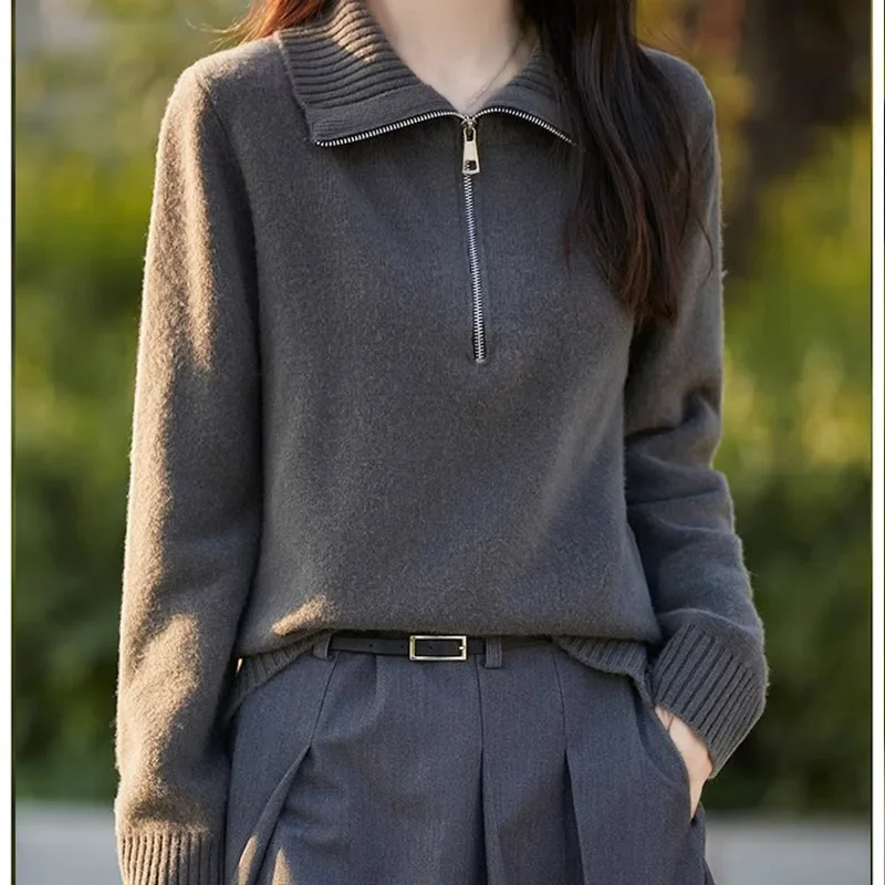 

Korean Style Solid Color Simple Long Sleeve Knit Sweater Half Zipper Sweater Casual Commute Soft Glutinous Top For Women
