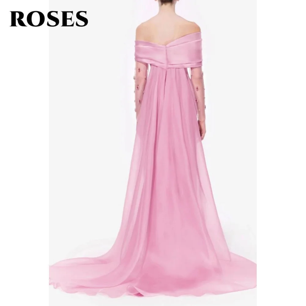 

ROSES розовое платье для выпускного вечера с открытыми плечами, атласное платье знаменитости с разрезом и длинными рукавами, женское вечернее платье со складками, торжественное платье по индивидуальному заказу