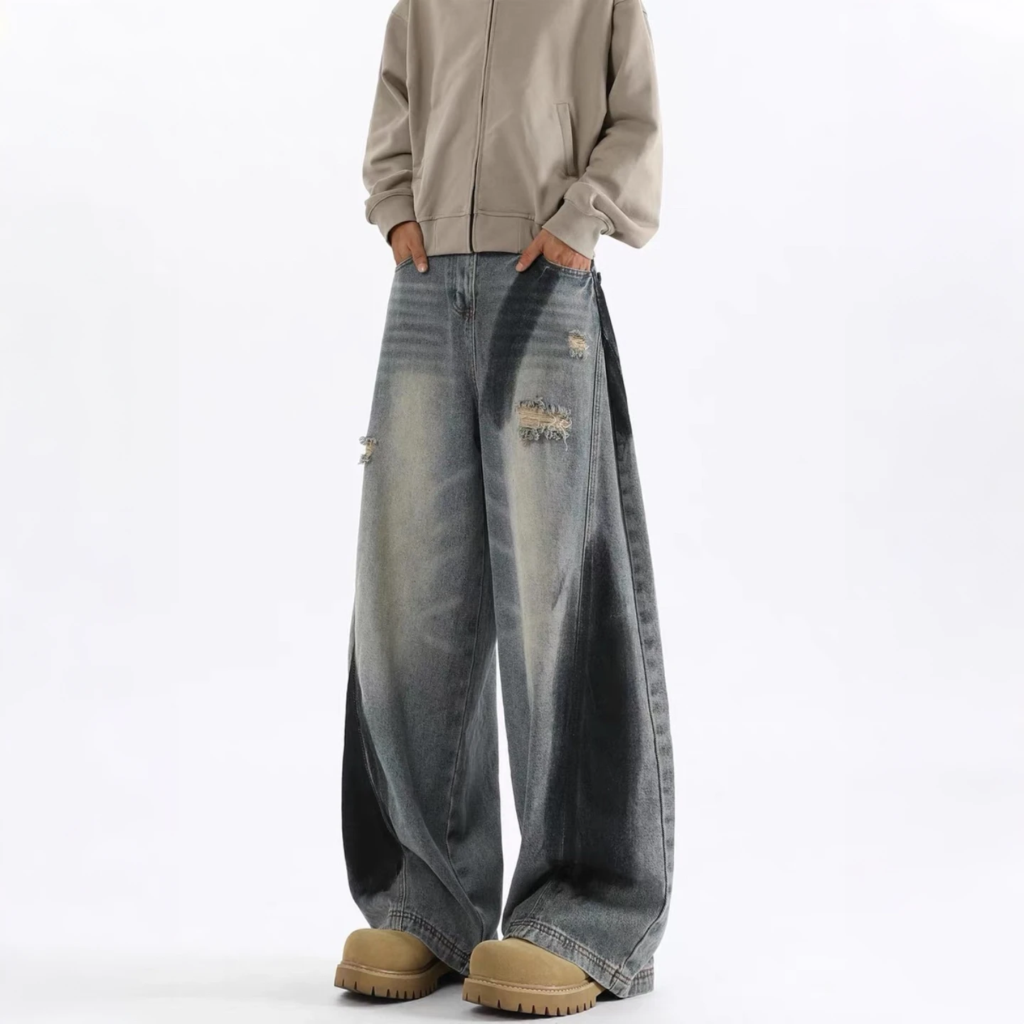 

Ripped Spray Painted Vintage Denim Jeans Men's Loose Straight Leg Trousers Wear Resistant Casual Youth Faion Jeans