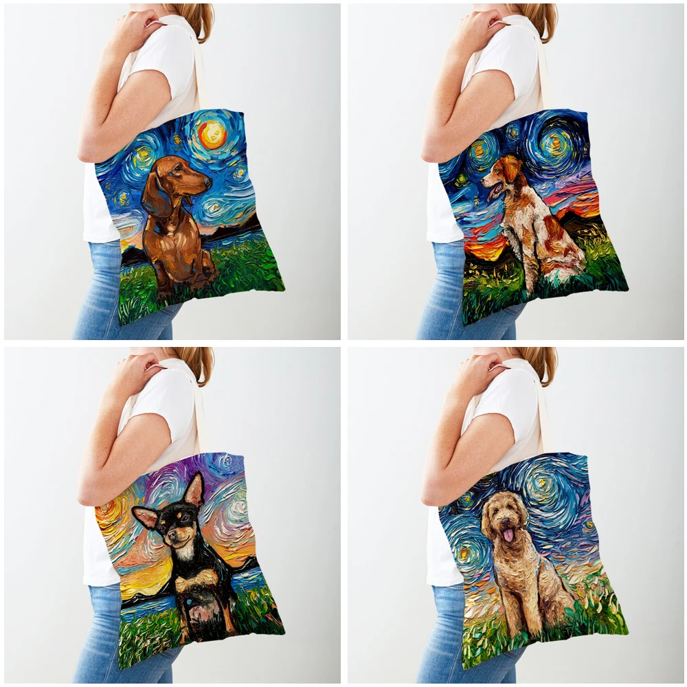 Van Gogh Starry Sky Dog Oil Painting Tote Handbag Fashion Animal Shopper Bag Both Sides Casual Canvas Cloth Women Shopping Bags