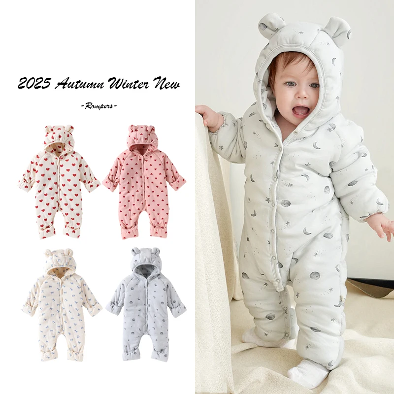 

2025 Winter New Boys and Girls Ear Hooded Cotton Clothes Crawler Clothes Printed Pattern Long Sleeve Jumpsuit Baby Clothing