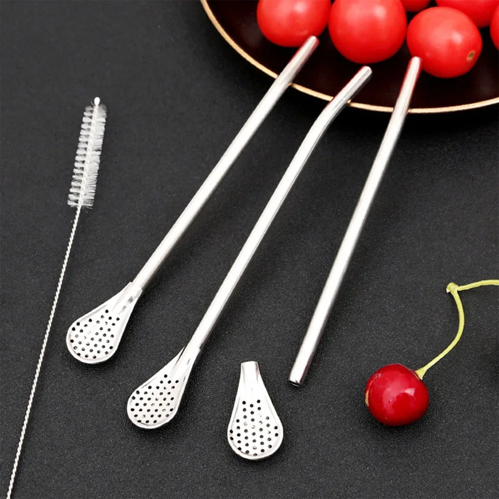 2pcs set Detachable Design Stainless Steel Straw Spoon Set Of 2 With 2 Cleaning Brushes Metal Drinking Straw
