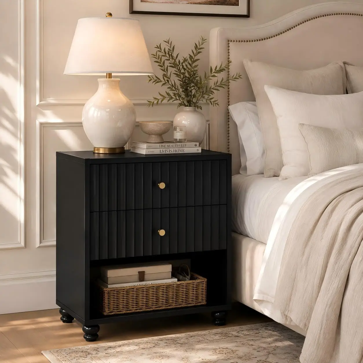 22 inch Tall Nightstand, Fluted Bedside Table with 2 Drawers and Open Shelf, Small End Table with Gold Handle for