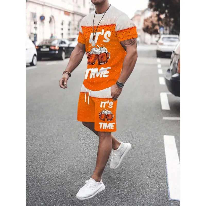 2025 Personalized 3D Printed Round Neck Short sleeved T-shirt and Shorts Set for Summer Men's Daily Leisure Sports Street Travel