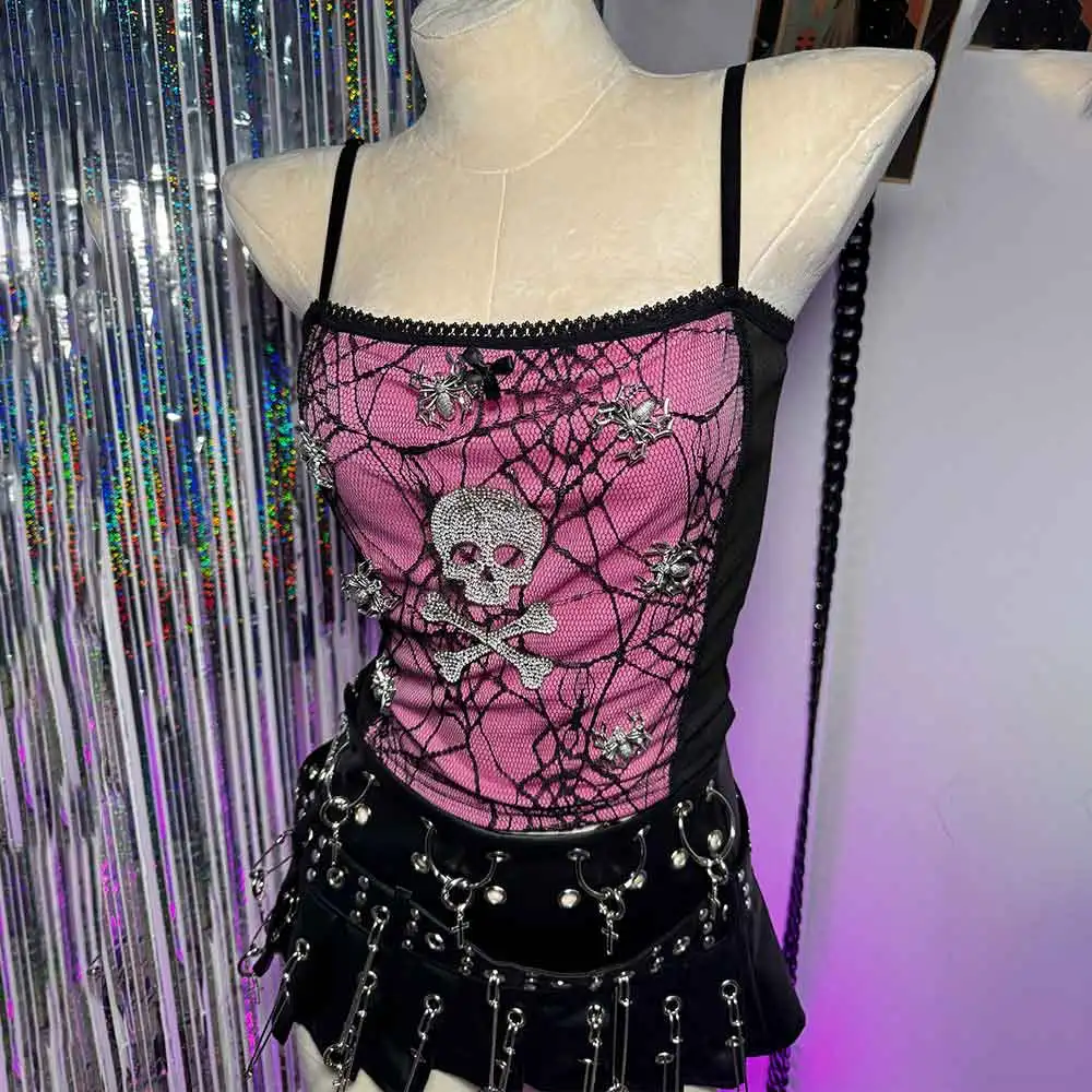 

Emo Y2K Halter Camisole TOPS Spider Trendy Harajuku Fashion Revival Street Wear Skull Vintage Grunge Punk Rock E-Girls Goth Bow