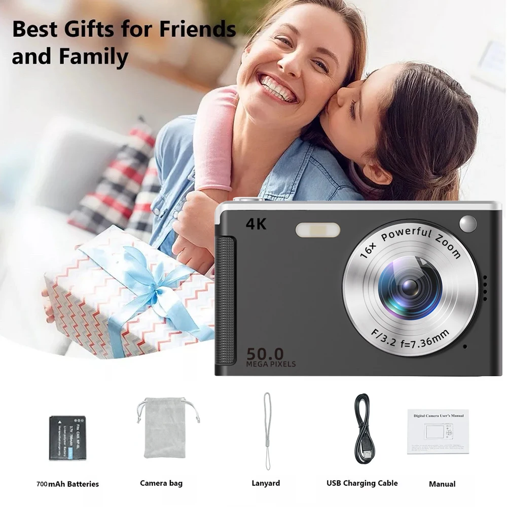 كاميرا رقمية 4K كاميرا فيديو فورية للأطفال مع كاميرات مدمجة بتكبير 16x وكاميرات 1080P 50 ميجابكسل للتصوير الفوتوغرافي للمبتدئين
