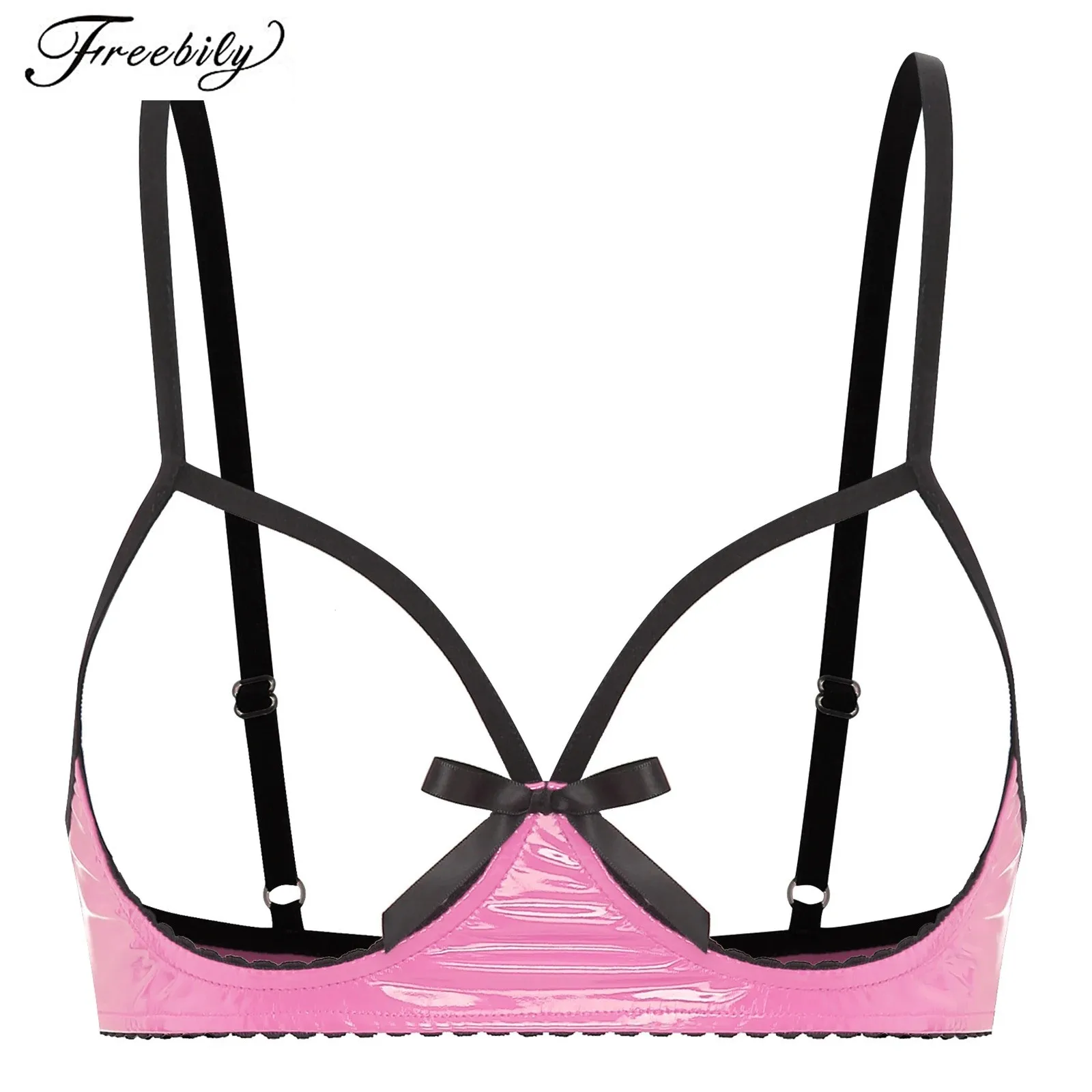 

Womens Tempting Cupless Bra Spaghetti Straps Cute Bow See Through Wireless Unlined Wet Look Bra Tops Sexy Lingerie