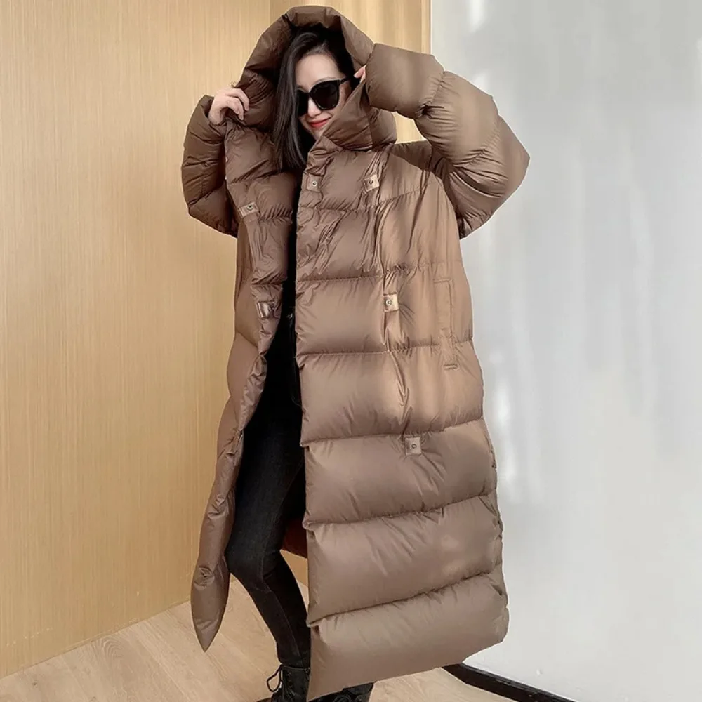 Oversized Women\'s Down Jacket Long Hooded Parkas New Fashion Lightweight Warm 90% White Duck Down Coats Winter Overcoat