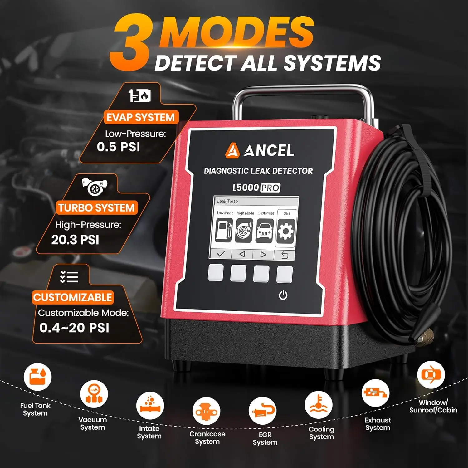 Détecteur de fuites de fumée automobile ANCEL L5000 Pro avec pompe à air intégrée, écran LCD, test de pression et de vide, diagnostic EVAP et turbo