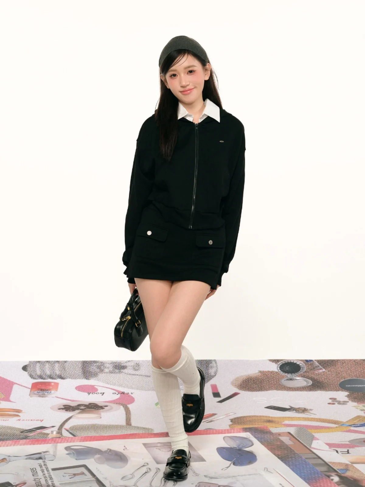 

Ele Autumnal Two-Piece Set Women's Fake irt Collar Bla Sweatirt Skirt Pants Ensemble Original Design Faionable