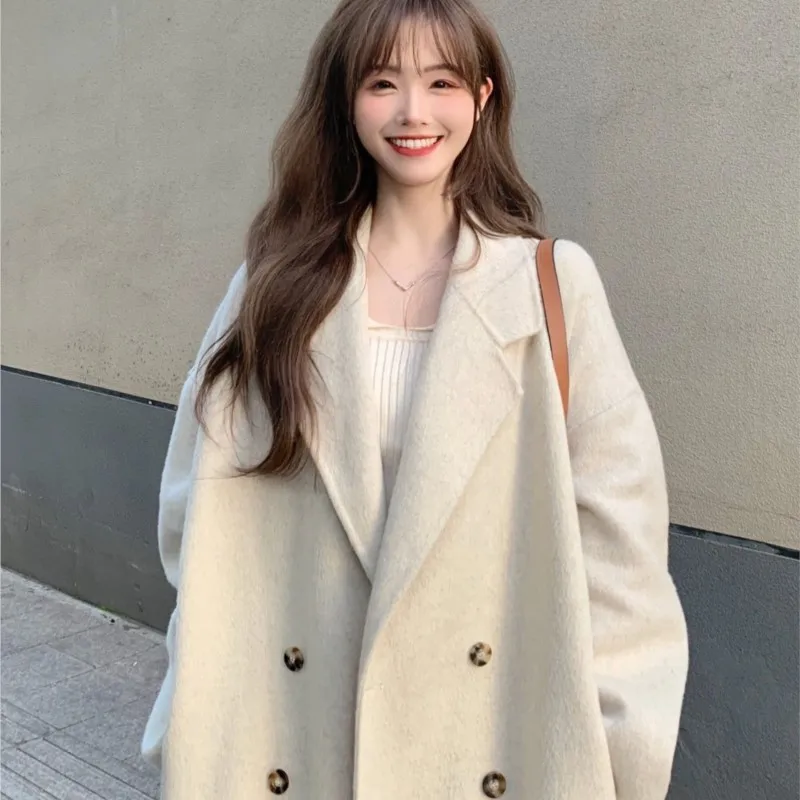 Women\'s Autumn Winter Woolen Coat Thickened Korean Temperament Loose Mid-length Oatmeal Woolen Coat Simple Wool Oversized Coat