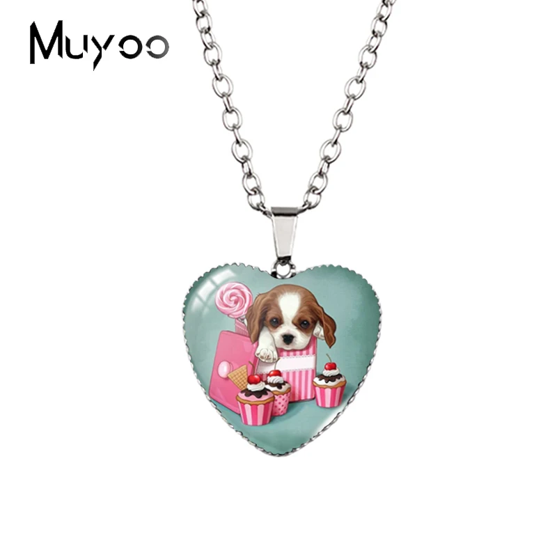 2023 New Arrival Cute Animal Bulldog Lovely Dog Puppy Handmade Glass Cabochon Heart Jewelry Necklace HZ3