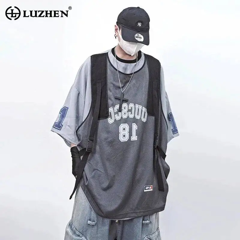 LUZHEN Sleeve Fashion Fake Two Piece Design T-shirts Short Men Original Baggy Gauze Tank Tops Splicing Casual Street Wear JY7537