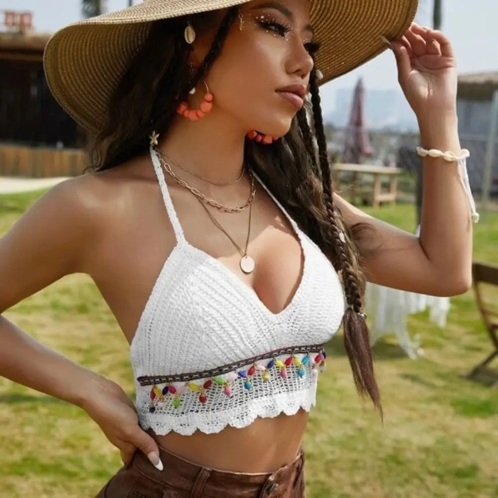 

Daily Style Sleeveless Female Crochet Camisole Short Slim Bohemian Style Vest Hot Tops Tassel Knitting Crop Tops Beachwear