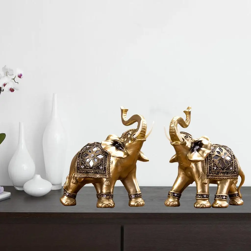 

Couple Resin Golden Elephant Statue Lucky Feng Shui Good Fortune Elephants Sculpture Car Home Office Shelf Tabletop Figurine