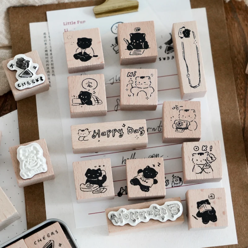 Journal GO 10pcs/box Wooden Rubber Stamps Lovely Cat Stamp Set for DIY Craft Card Scrapbooking Supplies Journal Planner Card