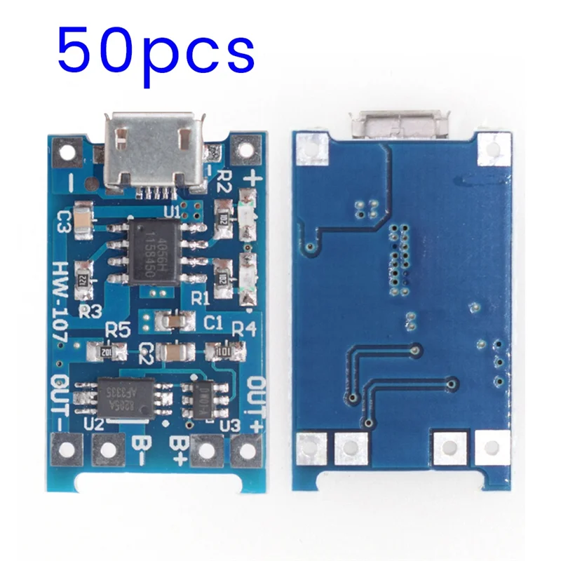 AS95-50 PCS TP4056 Micro-USB 18650 Lithium Battery Charging Board 5V 1A Charger Module With Protection Dual Functions Blue PCB