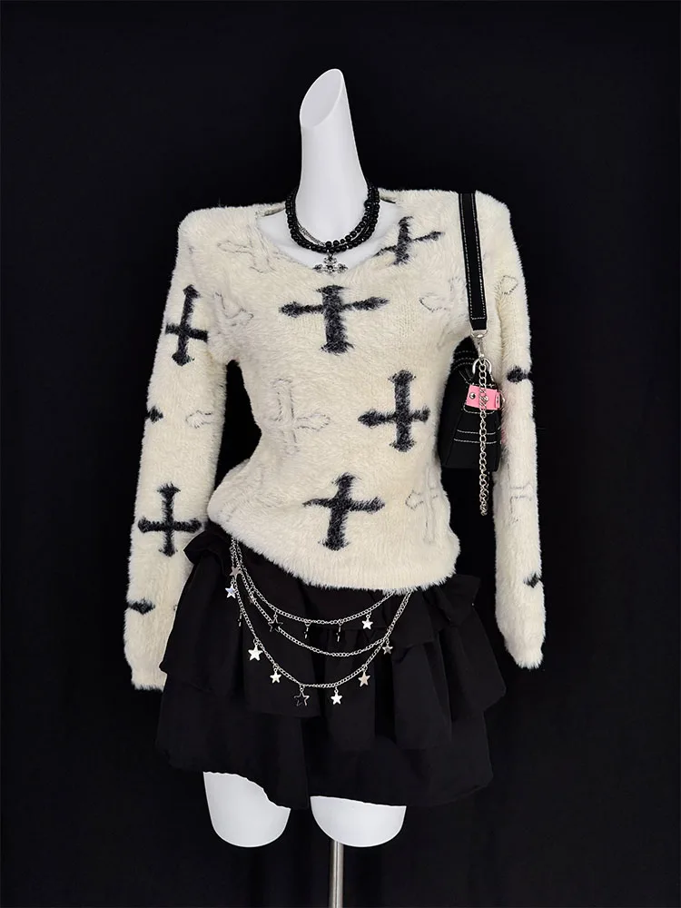 

Вязаный свитер Cherry Little Language в корейском стиле, винтажный, повседневный, с V-образным вырезом, уникальный дизайн с перекрестными элементами, для женщин