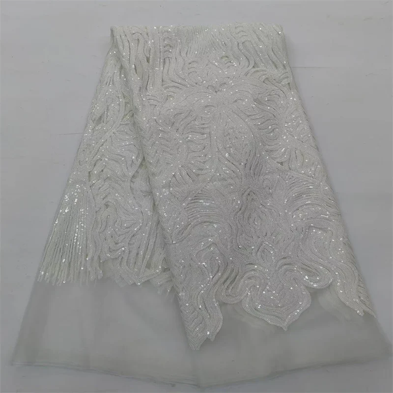 

Французская сетчатая кружевная ткань с блестками в африканском стиле, белая роскошная кружевная ткань ручной работы с блестками для шитья свадебного вечернего платья