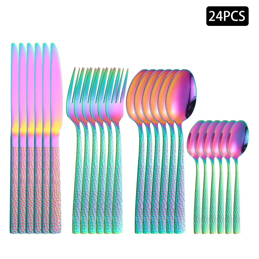 

4/6/16/24pcs Stainless steel colored cutlery set Square handle snakeskin cutlery Household knife, fork and spoon combination