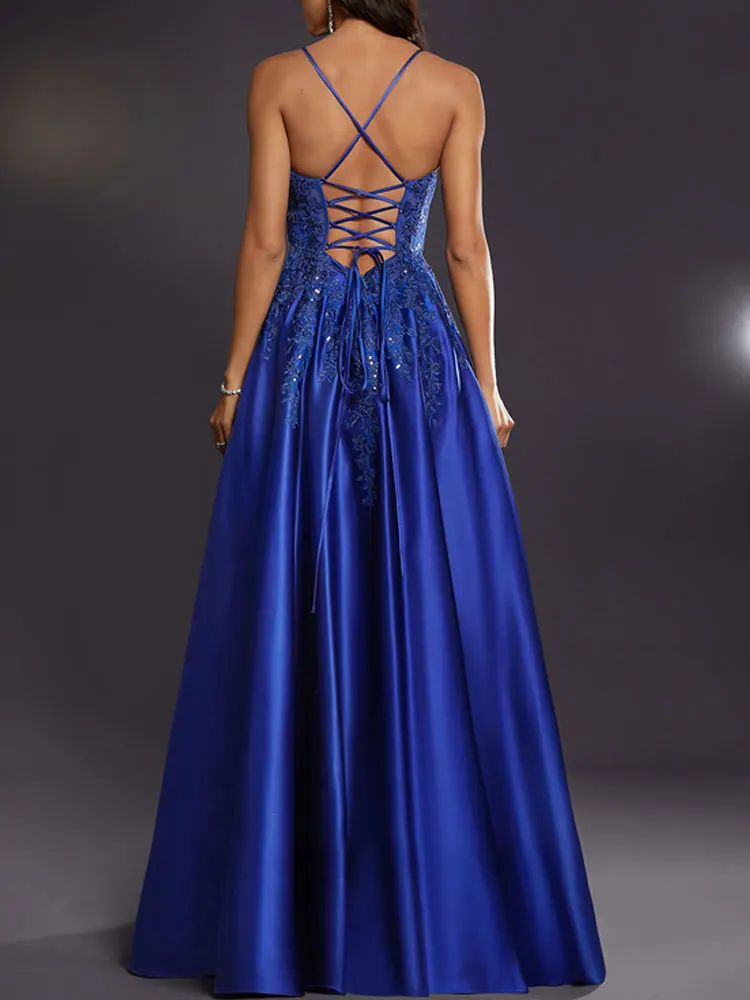 A-Line Applique Sequin Floor Length Classic Spaghetti Straps  Evening Dress Sexy Open Back Lace Up Women Party Banquet Gowns