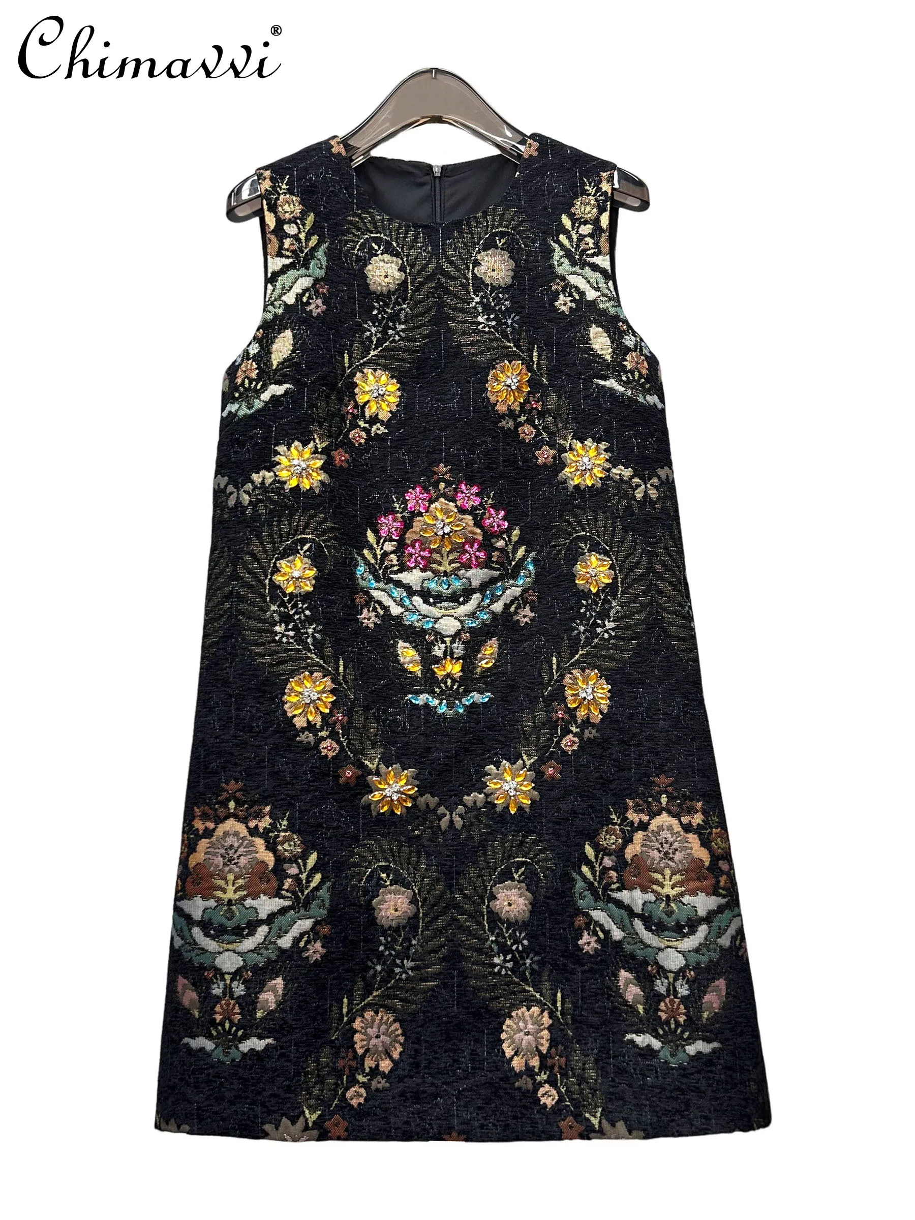 

Winter New Women's High-end Heavy Gold Stamping Embroidery Rhinestone A-line Dress Fashion Sleeveless Retro Tank Dress Women