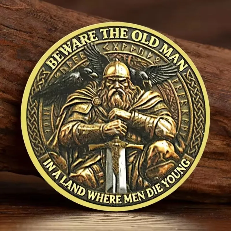 Beware The Old Man Knightly Style Gold Plated Souvenir Coin Victory or Valhalla Viking Collection Coin