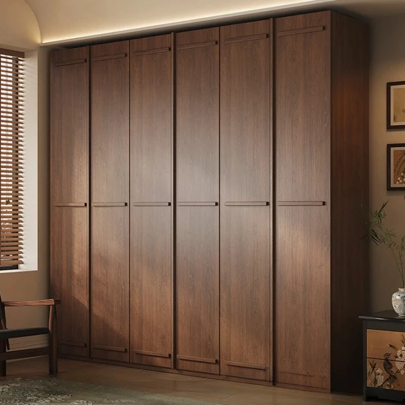 Walnut Color Solid Wood Wardrobe, Full-Height OSB Closet with Skeleton Line Design for Bedroom & Mid-Century Home Storage