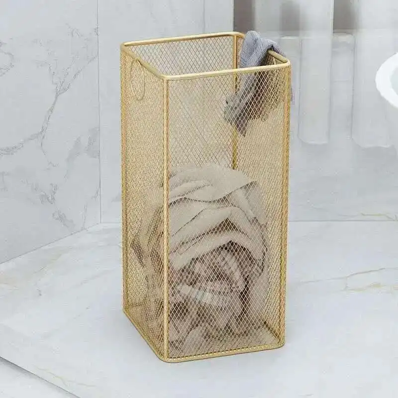 

Modern Bathroom Iron Art Laundry Baskets Luxury Dirty Clothes Basket Household Clothes Storage Basket Golden Belt Wheels w