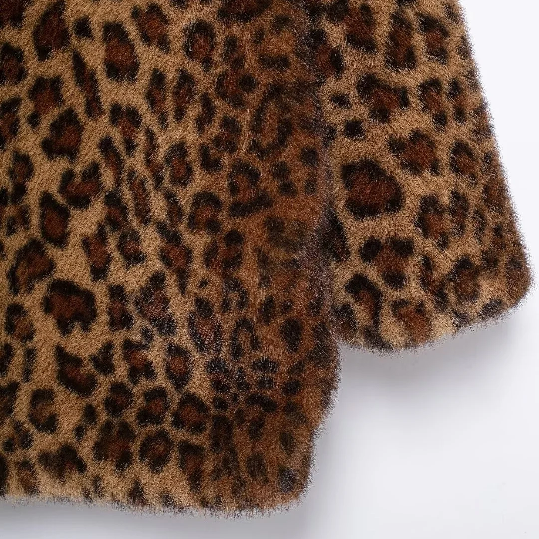 Taop & za2024 feminino outono/inverno novo casaco de pelúcia efeito pele artificial lapela socialite temperamento leopardo cardigan