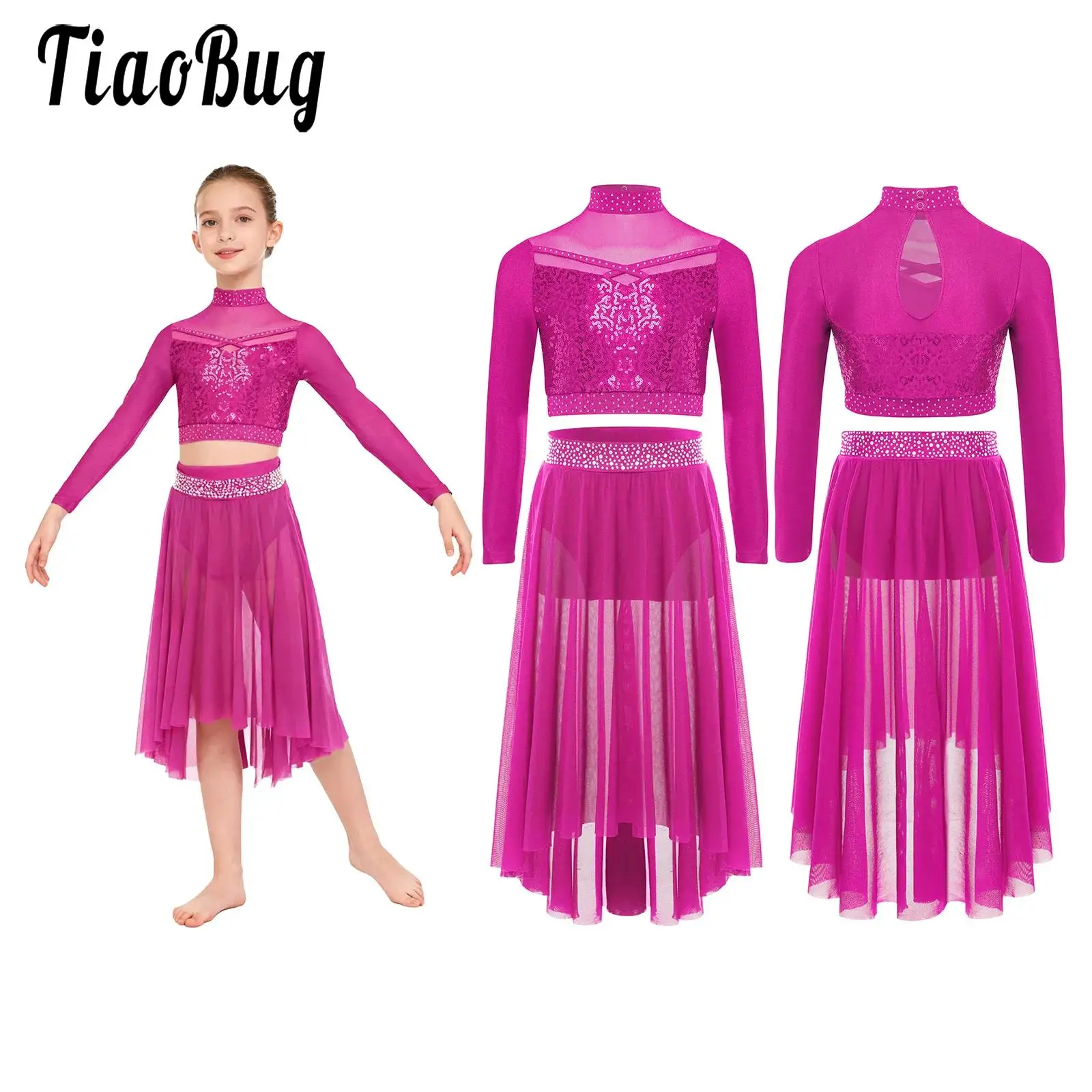 

Kid Girls Lyrical Dance Ballet Figure Skating Performance Outfit Long Sleeve Sequins Crop Top with Side Slit High-Low Mesh Skirt