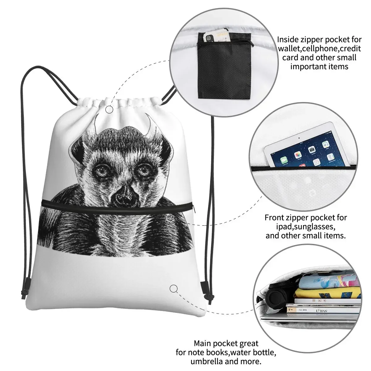 Ring Tailed Lemur - Ink Illustration Backpacks Drawstring Bag Drawstring Bundle Pocket Storage Bags For Travel Sport Man Woman