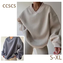 Oversize womens V-neck hoodie, 2024 autumn winter warm solid color casual loose pullover long sleeved tops