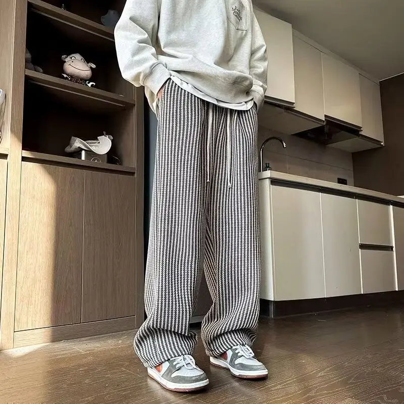 Spring Autumn New Fashion Elastic Waist Striped Contrast Color Straight Pants Man High Street Loose Pockets Patchwork Trousers