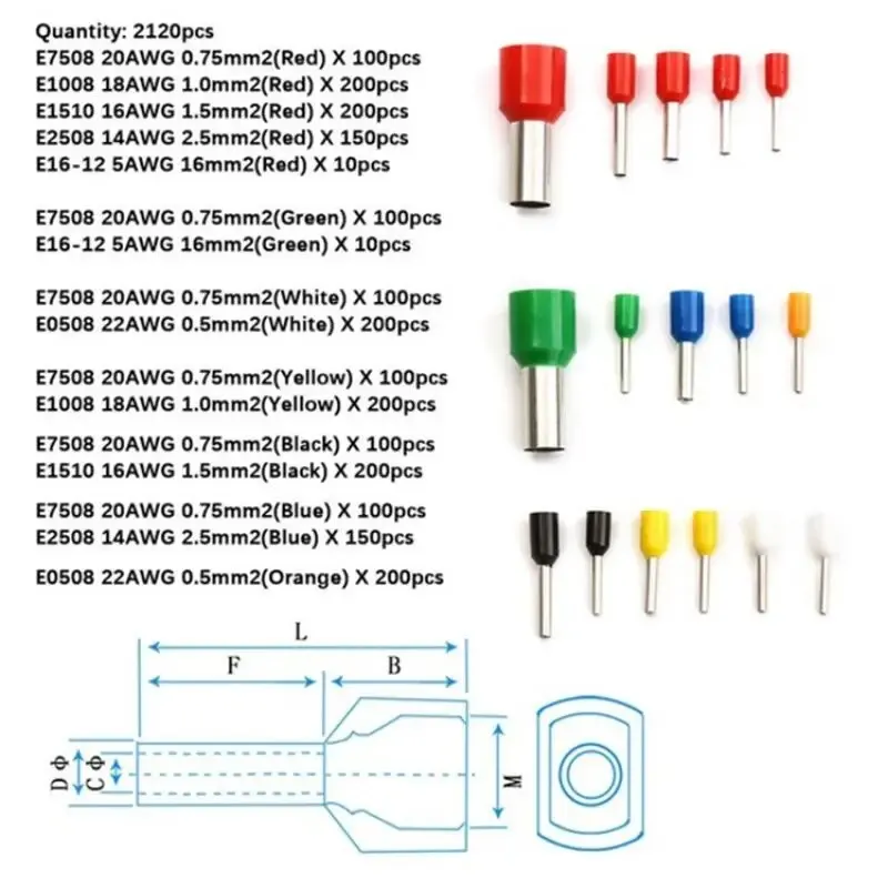 2120 PCS Cord End Copper Electric Wire Crimp Connectors Insulated Cord Pin End Terminals Kit 22AWG-5AWG with Box