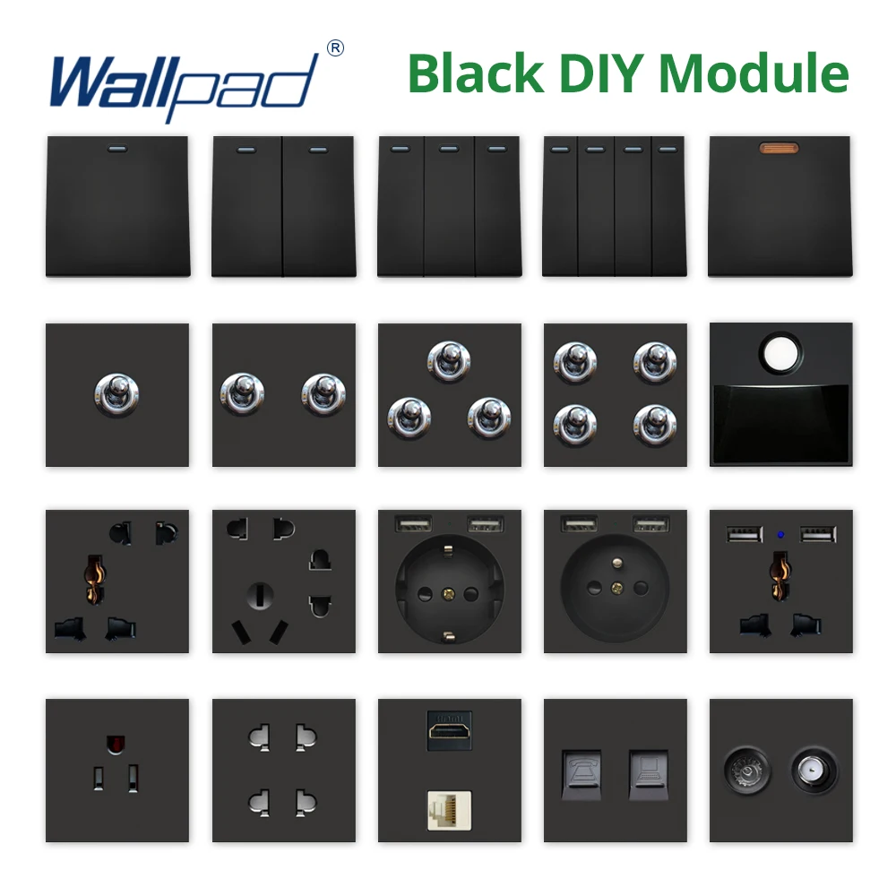 Wallpad Black DIY Module Function Key 1 2 3 4 Gang Reset Light Switch Wall Power Socket Electrical Outlet USB Port 52*52mm
