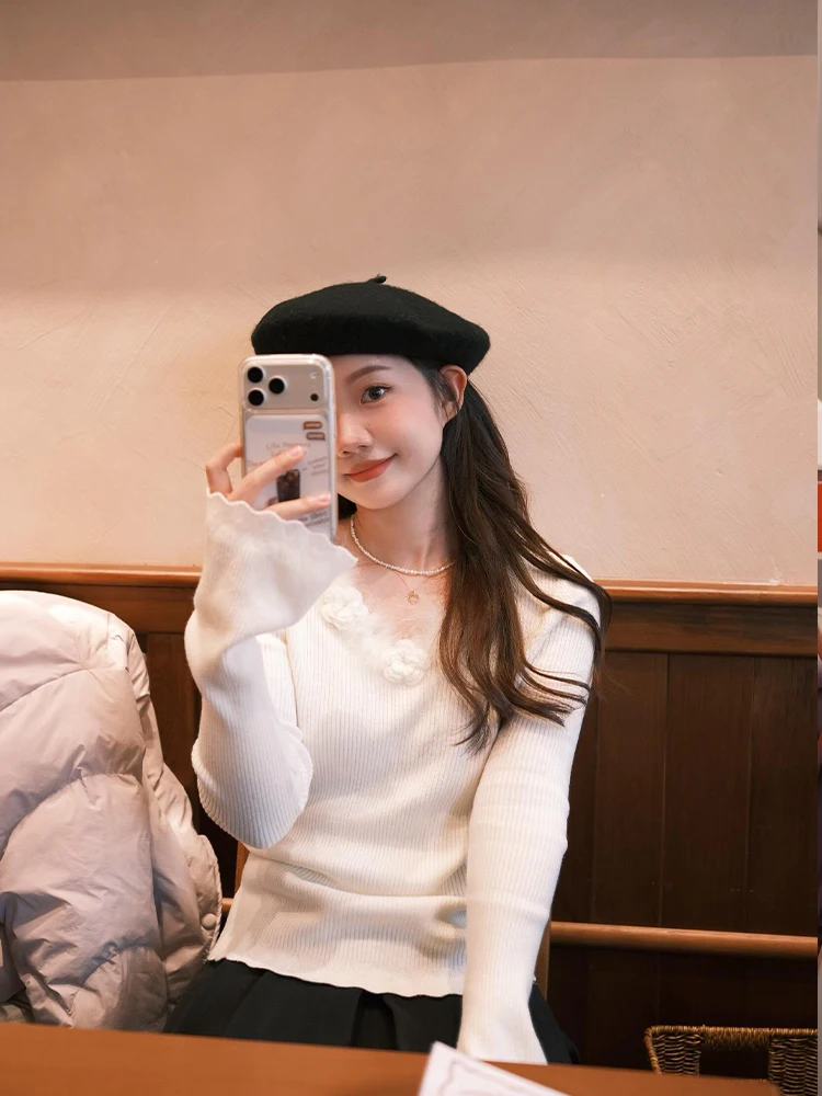 

Корейский вязаный свитер с V-образным вырезом для женщин, осенне-зимний, облегающий, с 3D-принтом в виде цветов, базовая одежда для повседневной носки и работы