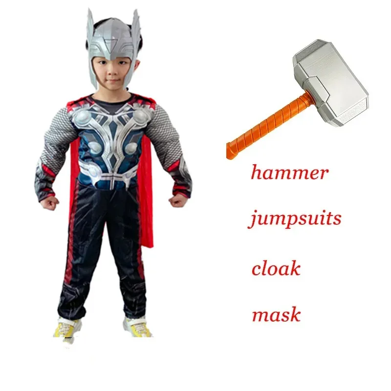 

Детский костюм Тора, костюмы для косплея супергероя с мышцами, комбинезон, маска молотка, карнавальная одежда на Хэллоуин, наряды для детей