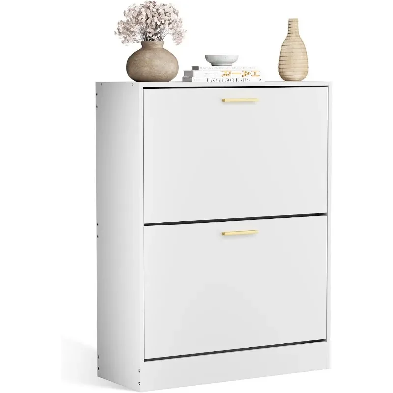 

Shoe Cabinet Storage for Entryway, Slim White Hidden Shoe Organizer Cabinet with 2 Flip Drawers, Wooden Narrow Shoe Rack