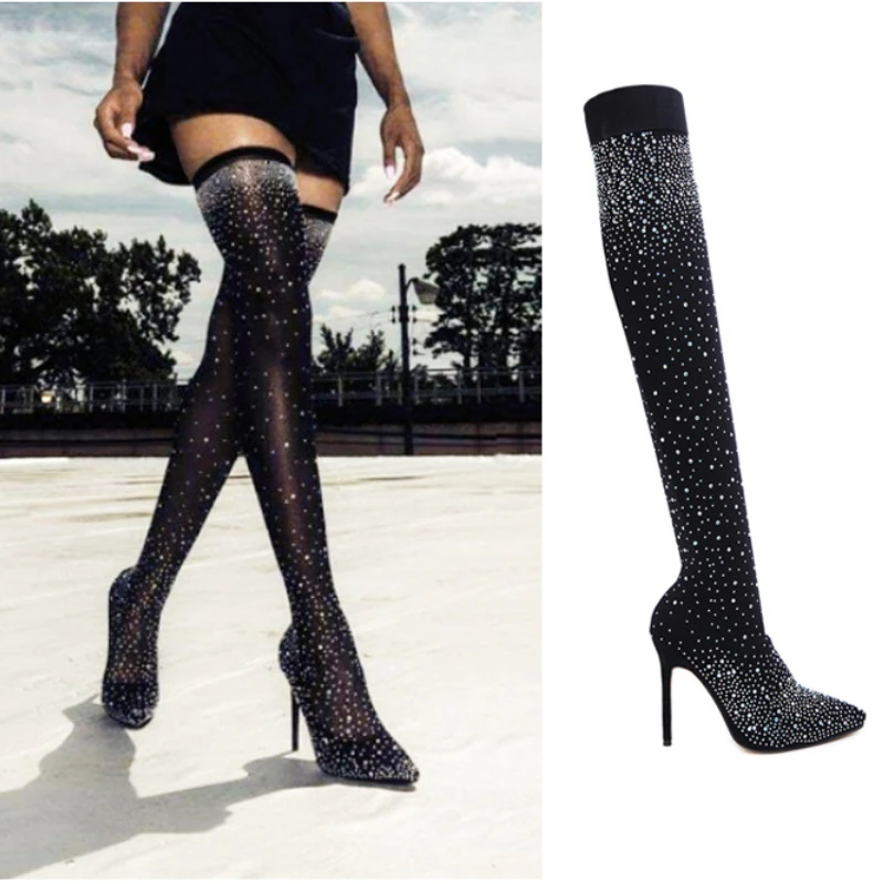 Sexy Rhinestone Long Socks Women Over The Knee High Boots Thigh High Heel Boot Pointed Party Ladies High Heels Bling Woman Pumps