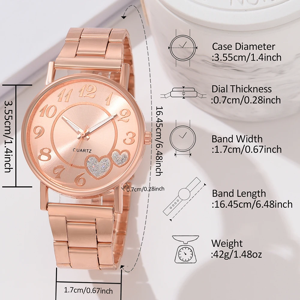 Rose Gold Women Quartz Watch 5PCS/Set Love Element Dial Leather Strap Wristwatch Alloy Love Element Jewelry Set Gift For Girls