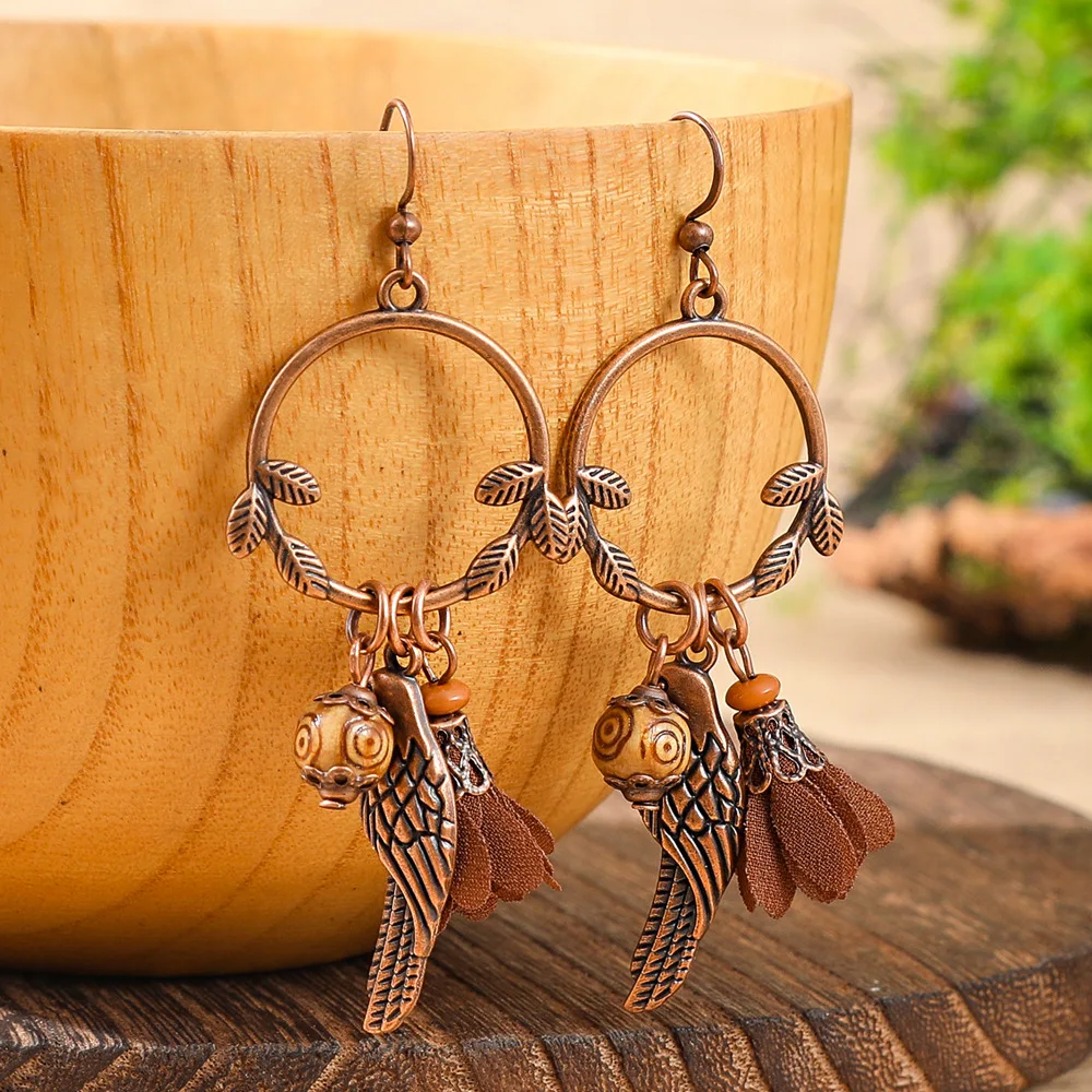 Vintage Bohemian Brown Geometric Leaf Earrings for Women Creative Ethnic Wooden Alloy Drop Earrings Female Vacation Jewelry