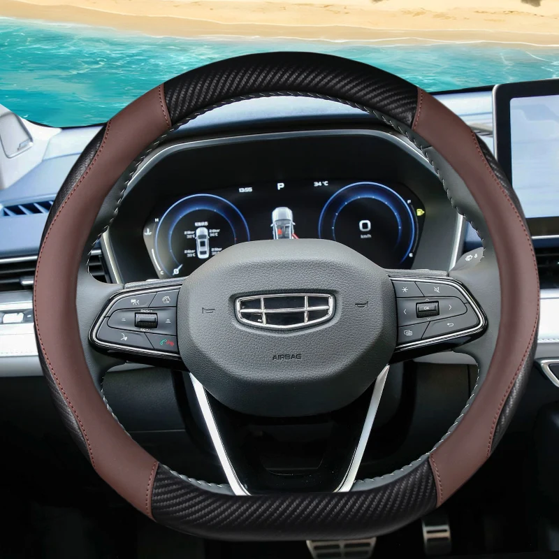 Carbon Fiber +Leather 38cm D Shape Car Steering Wheel Cover For Geely Monjaro Xingyue L 2022 2023 2024 2025 Auto Accessories