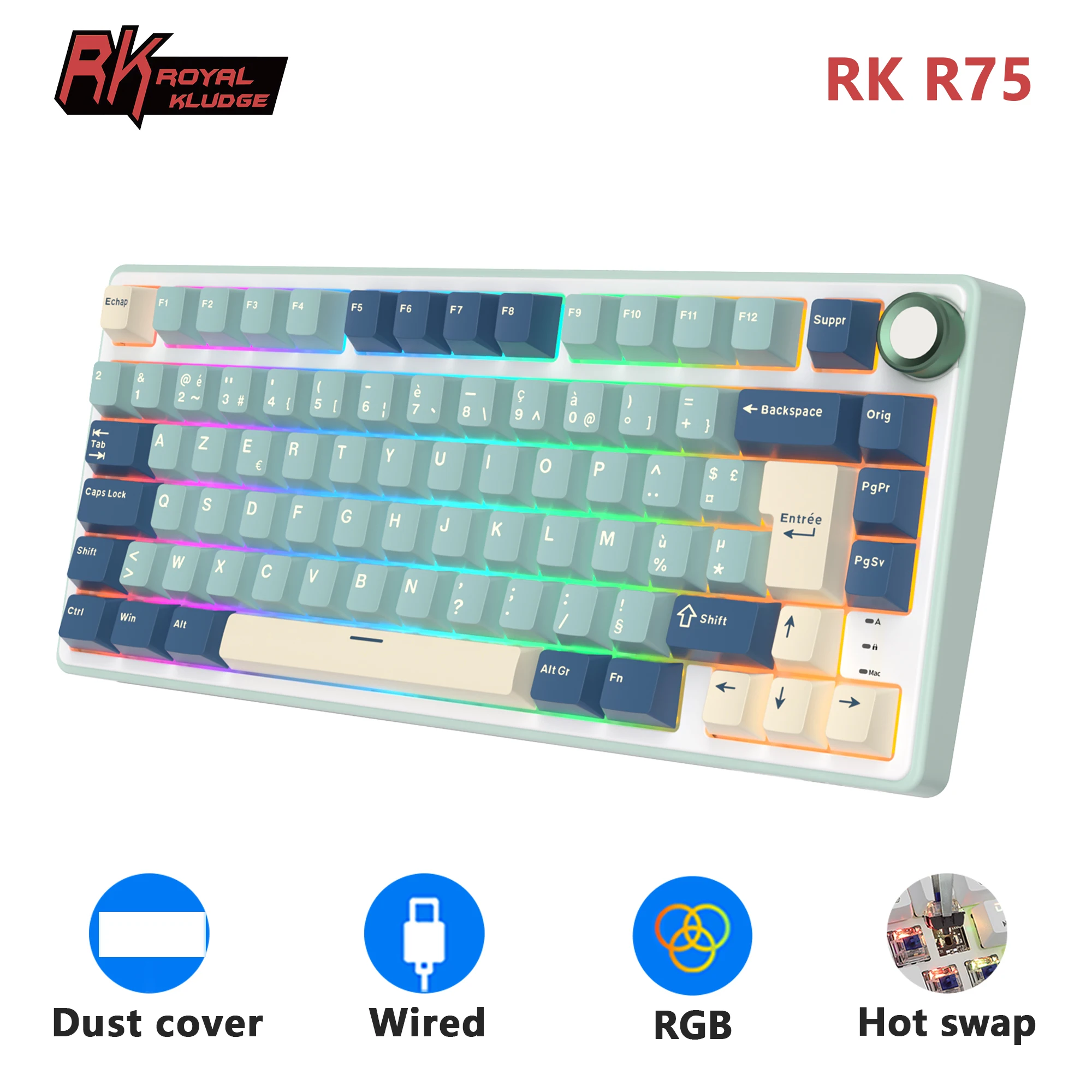 Clavier mécanique filaire RK Royal Kludge R75, 80 touches, rétroéclairage RGB, clavier gamer espagnol à commutation à chaud, touches MDA PBT